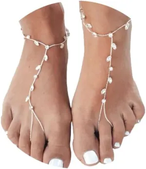 1Pair Summer Beach Crystal Leaf Barefoot Sandals Anklet with Toe Ring Rhinestone Anklet Feet Jewelry Rhinestone Bridal Wedding Foot Chain Jewelry for Women