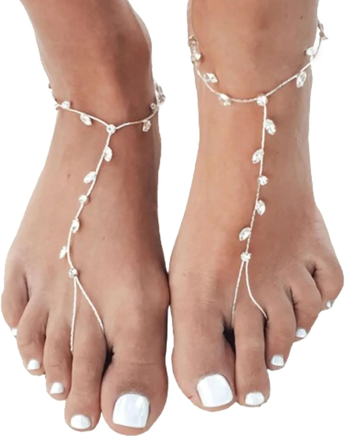 1Pair Summer Beach Crystal Leaf Barefoot Sandals Anklet with Toe Ring Rhinestone Anklet Feet Jewelry Rhinestone Bridal Wedding Foot Chain Jewelry for Women