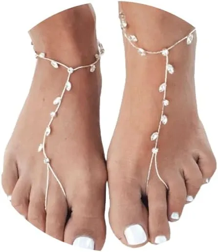 1Pair Summer Beach Crystal Leaf Barefoot Sandals Anklet with Toe Ring Rhinestone Anklet Feet Jewelry Rhinestone Bridal Wedding Foot Chain Jewelry for Women