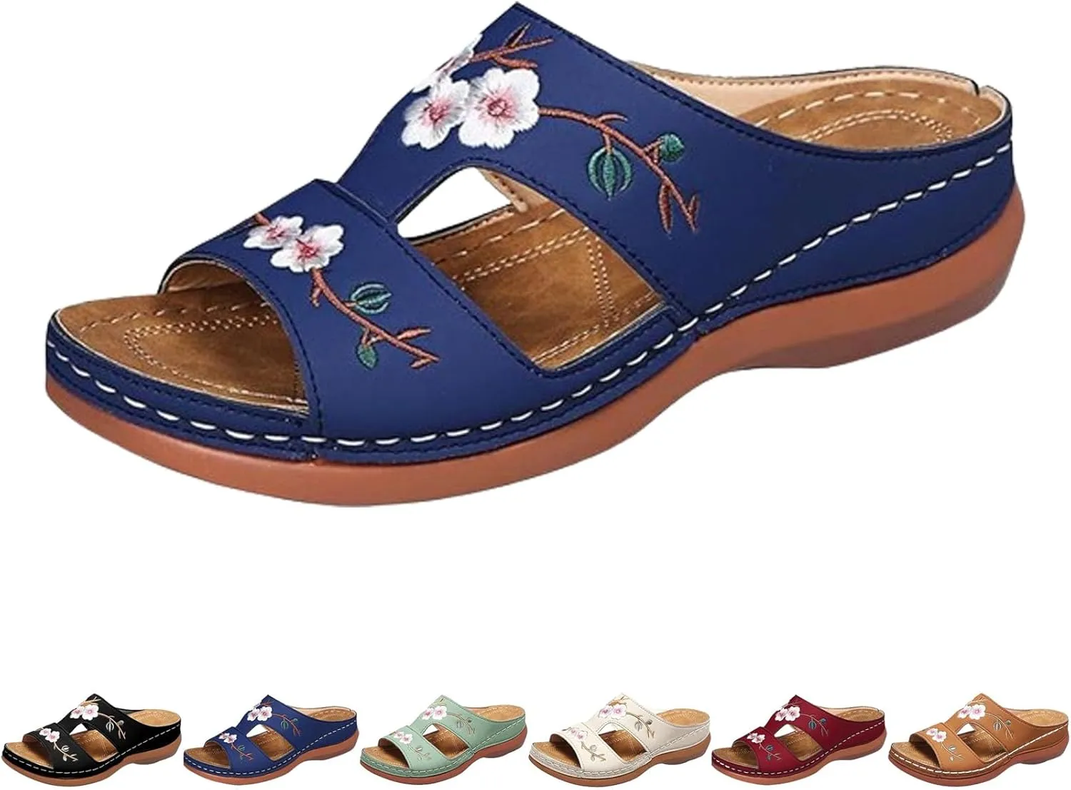 2024 New Hollow Floral Embroidery Women Wedge Sandals with Arch Support Comfortable Orthopedic Sandal Size Plus Size Slippers