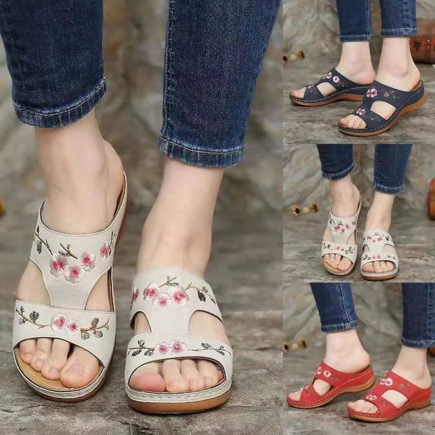 2024 New Hollow Floral Embroidery Women Wedge Sandals with Arch Support Comfortable Orthopedic Sandal Size Plus Size Slippers