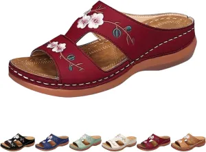2024 New Hollow Floral Embroidery Women Wedge Sandals with Arch Support Comfortable Orthopedic Sandal Size Plus Size Slippers