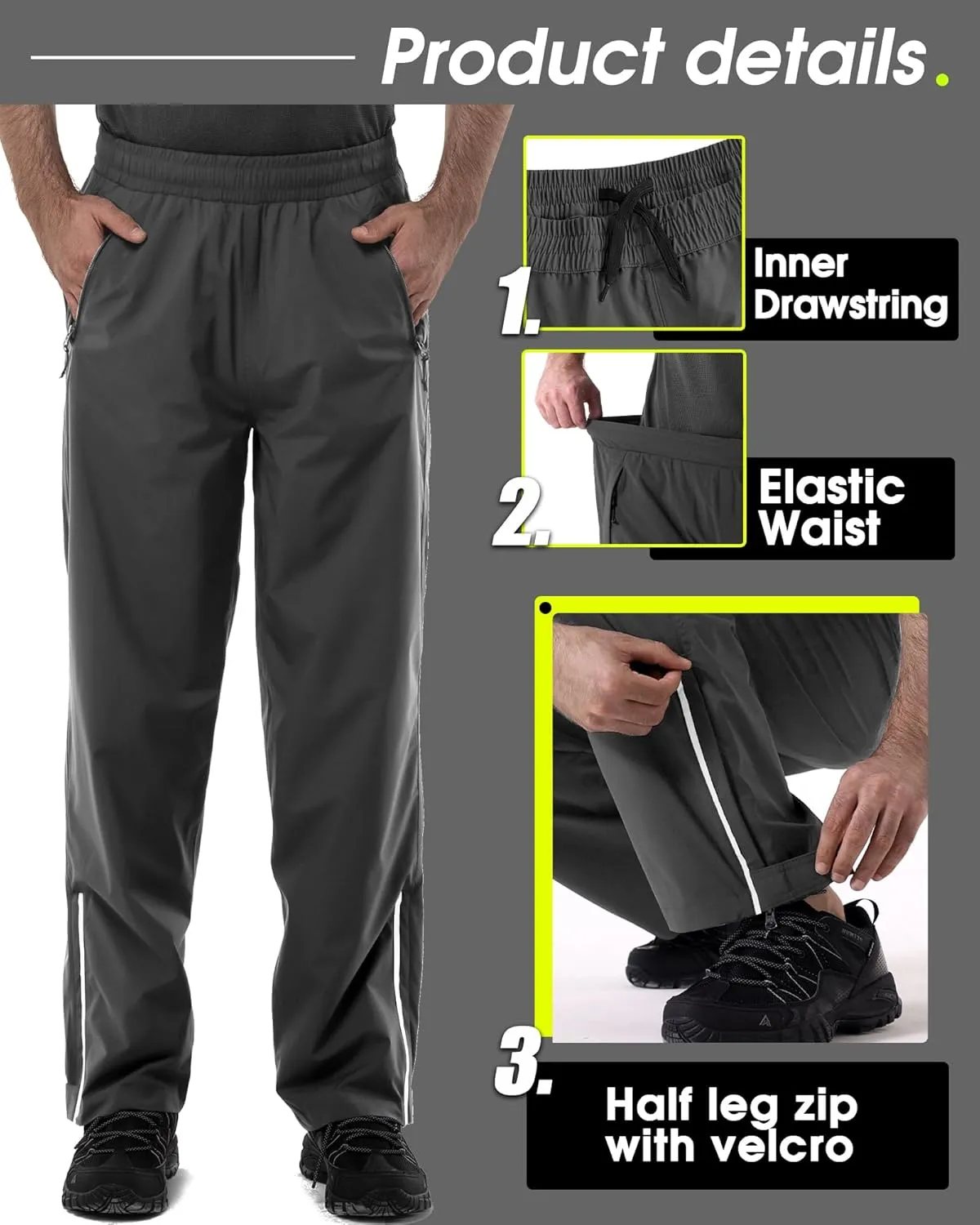 33,000ft Men's Rain Pants Waterproof, Windproof Lightweight Outdoor Rain Over Pants for Fishing Golf Work Hiking