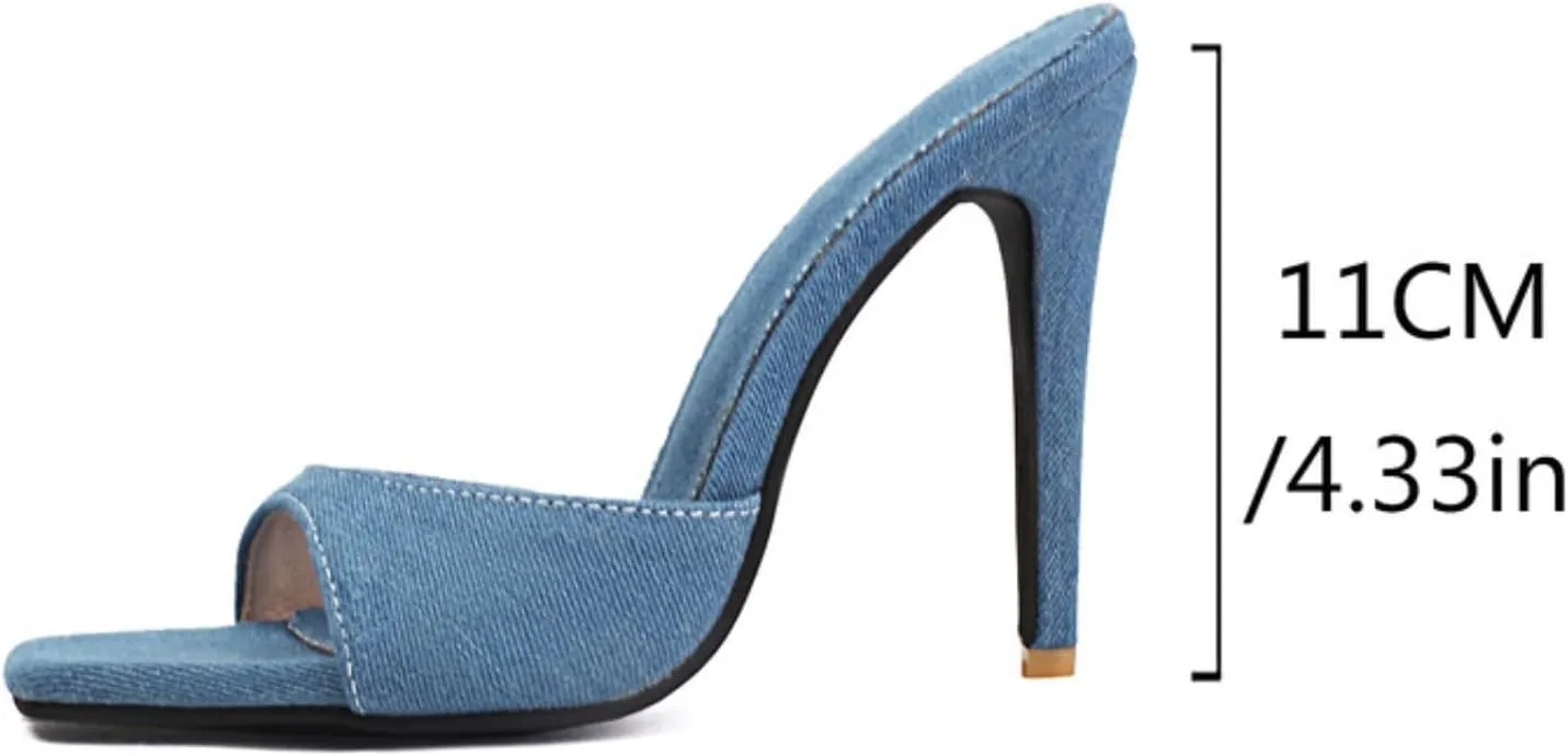 Aflngle Women's Denim Open Toe Stiletto High Heels Sandals Fashion Square Peep Toe Backless Mules Slippers Comfortable Slip On Wedding Prom Party Dress Shoes