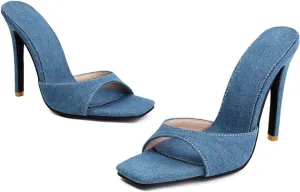 Aflngle Women's Denim Open Toe Stiletto High Heels Sandals Fashion Square Peep Toe Backless Mules Slippers Comfortable Slip On Wedding Prom Party Dress Shoes