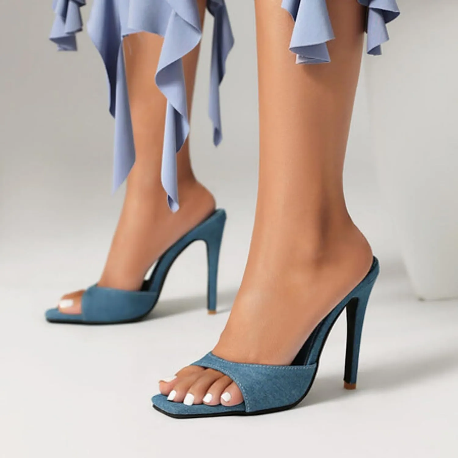 Aflngle Women's Denim Open Toe Stiletto High Heels Sandals Fashion Square Peep Toe Backless Mules Slippers Comfortable Slip On Wedding Prom Party Dress Shoes
