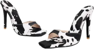 Aflngle Women's Denim Open Toe Stiletto High Heels Sandals Fashion Square Peep Toe Backless Mules Slippers Comfortable Slip On Wedding Prom Party Dress Shoes