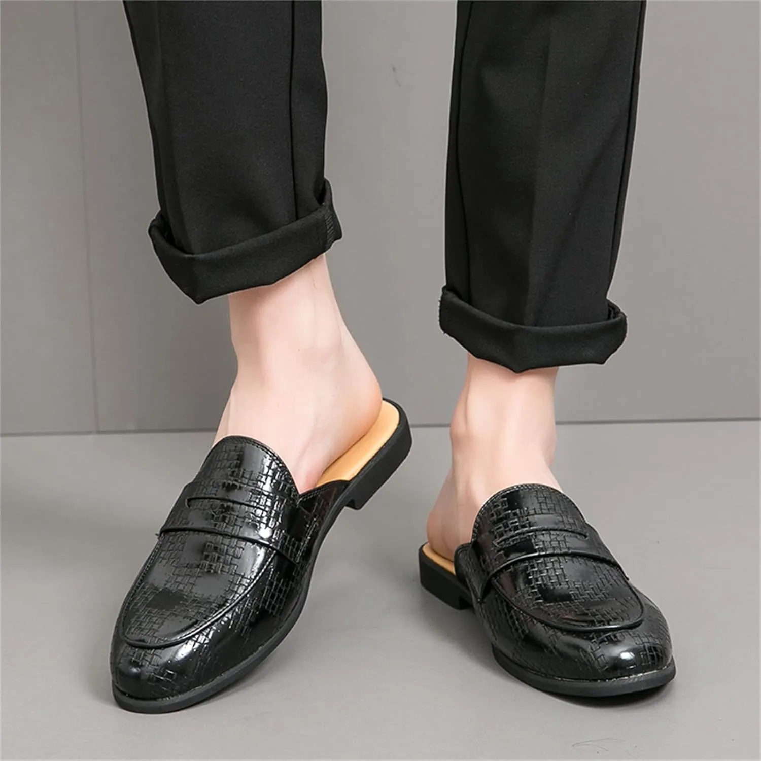 Aimery Mens Leather Slip-On Mules Backless Sandals Casual Modern Pointed Toe Flats Half Loafers Dress Formal Business Slippers