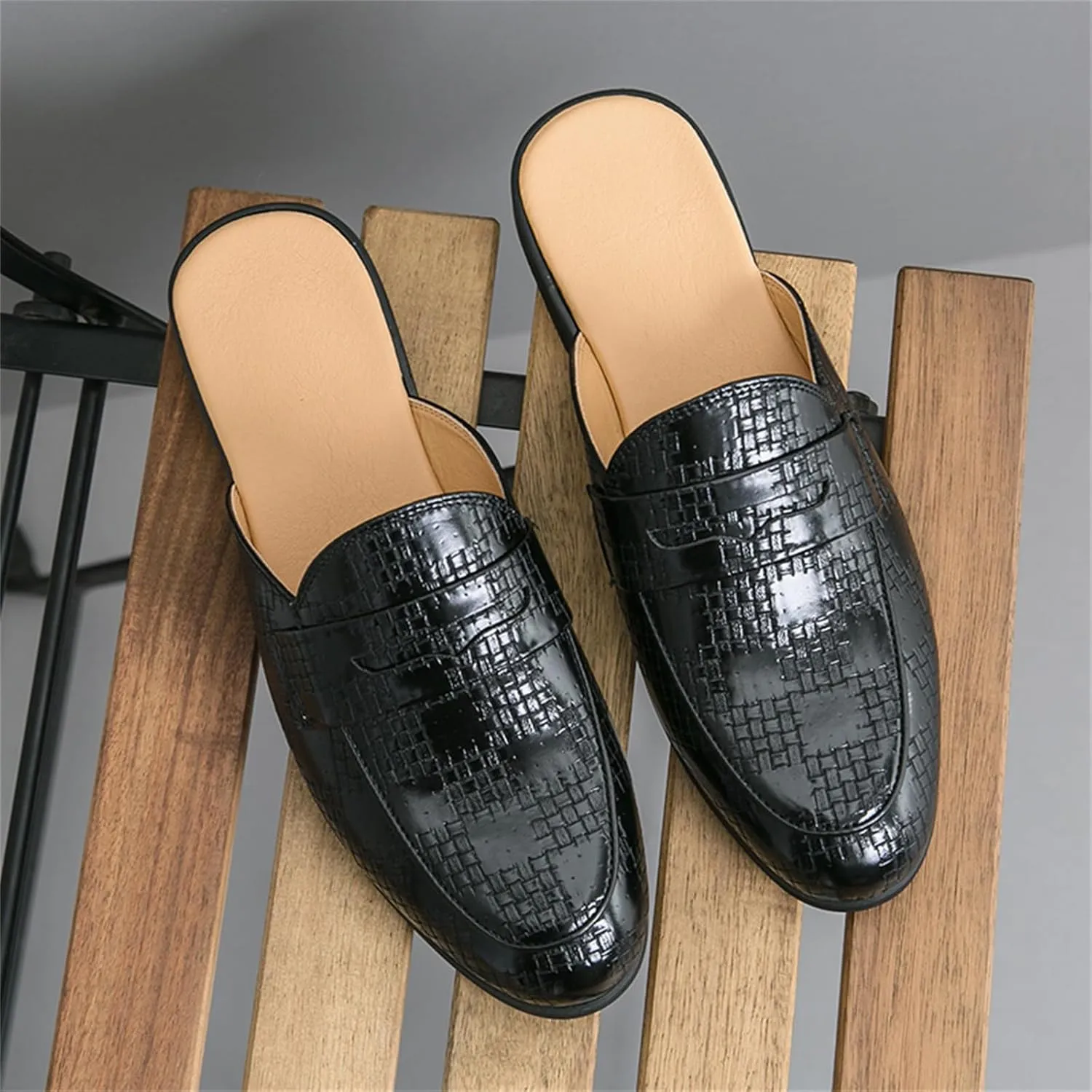Aimery Mens Leather Slip-On Mules Backless Sandals Casual Modern Pointed Toe Flats Half Loafers Dress Formal Business Slippers