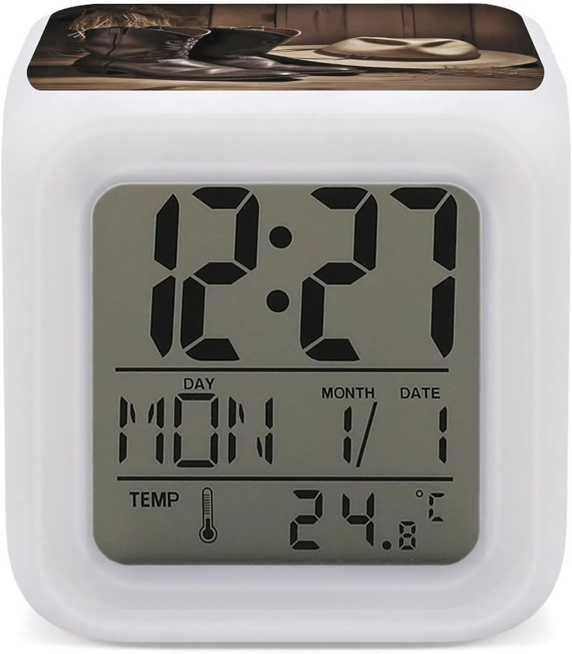 Alarm Clock,Cowboy Hat Western Boots Print Digital Alarm Clock,Travel Alarm Clocks,Small Alarm Clock for Bedside,Alarm Clock Battery Powered