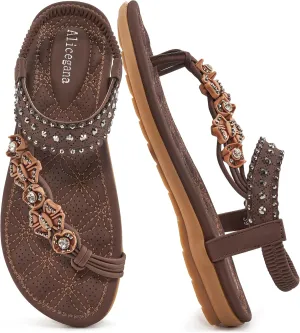 Alicegana Womens Sandals Dressy Flats: Bohemian Summer Comfortable Split Toe Shoes Walking Beach Gladiator