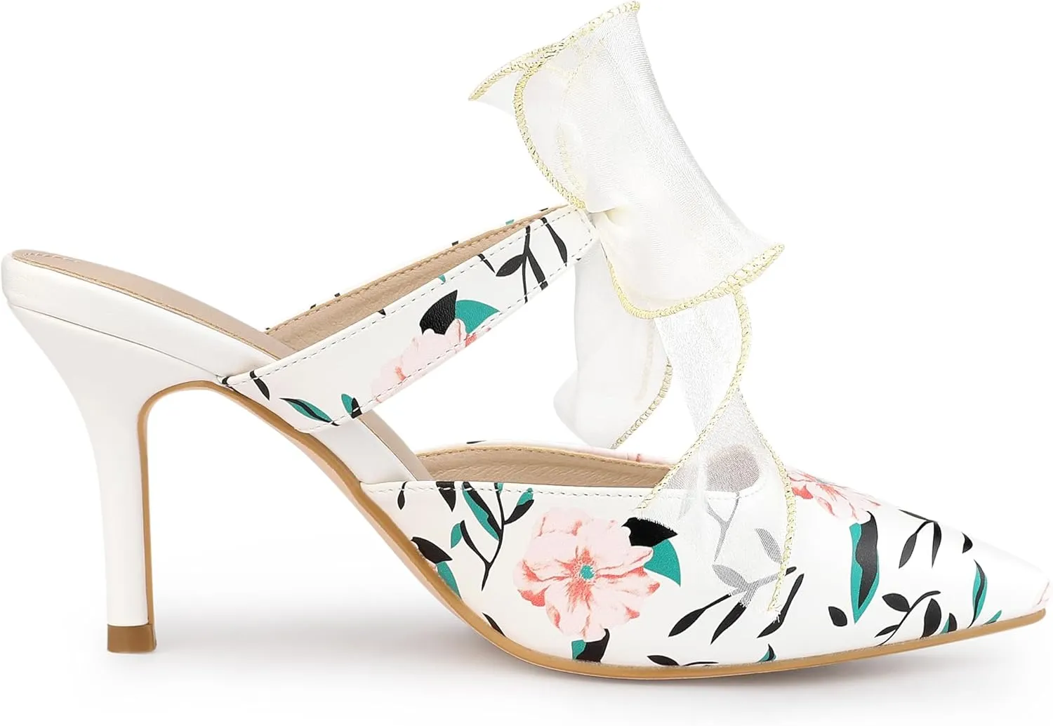 Allegra K Women's Pointed Toe Lace Bow Floral Printed Stiletto Heels Mules