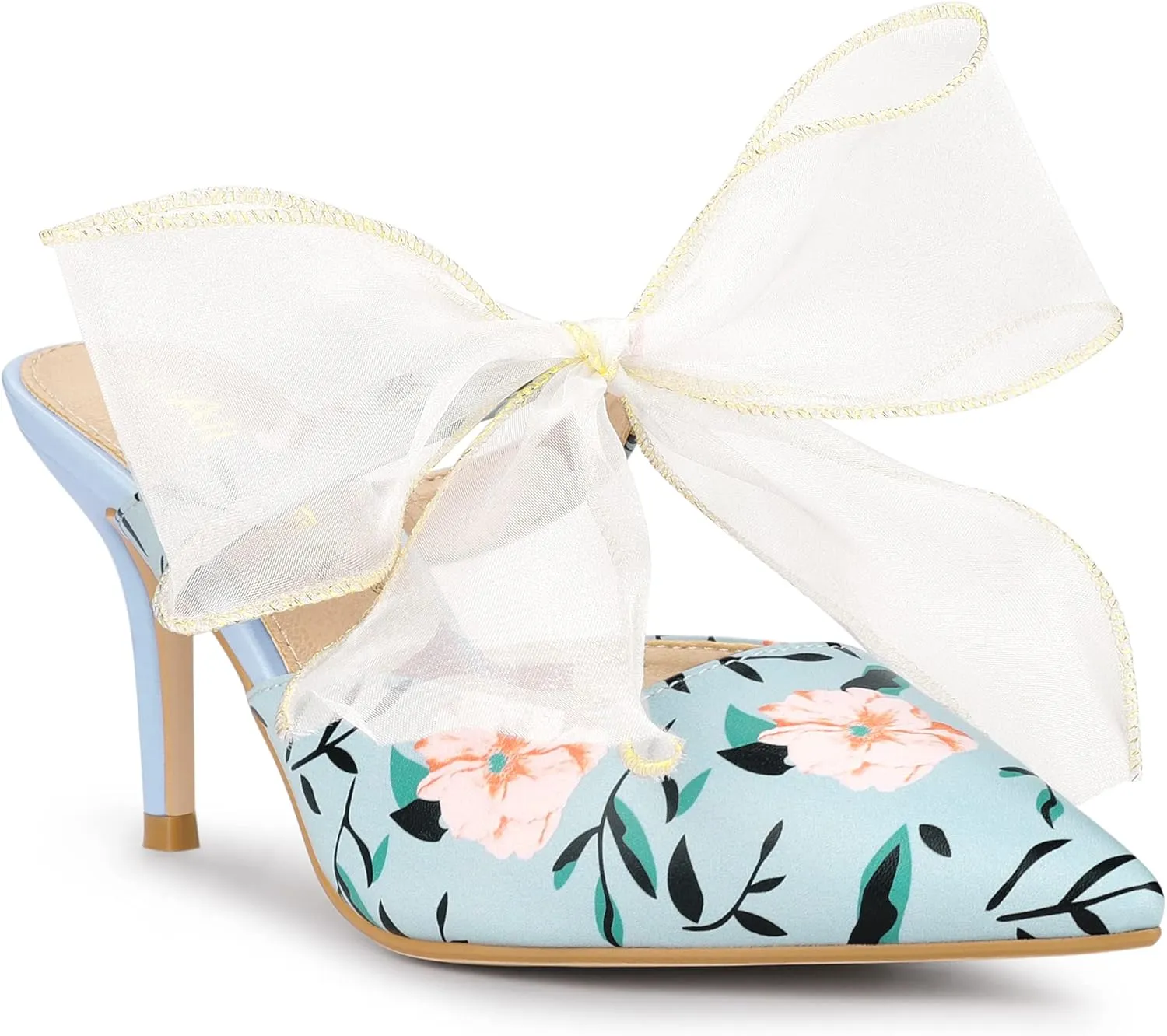 Allegra K Women's Pointed Toe Lace Bow Floral Printed Stiletto Heels Mules