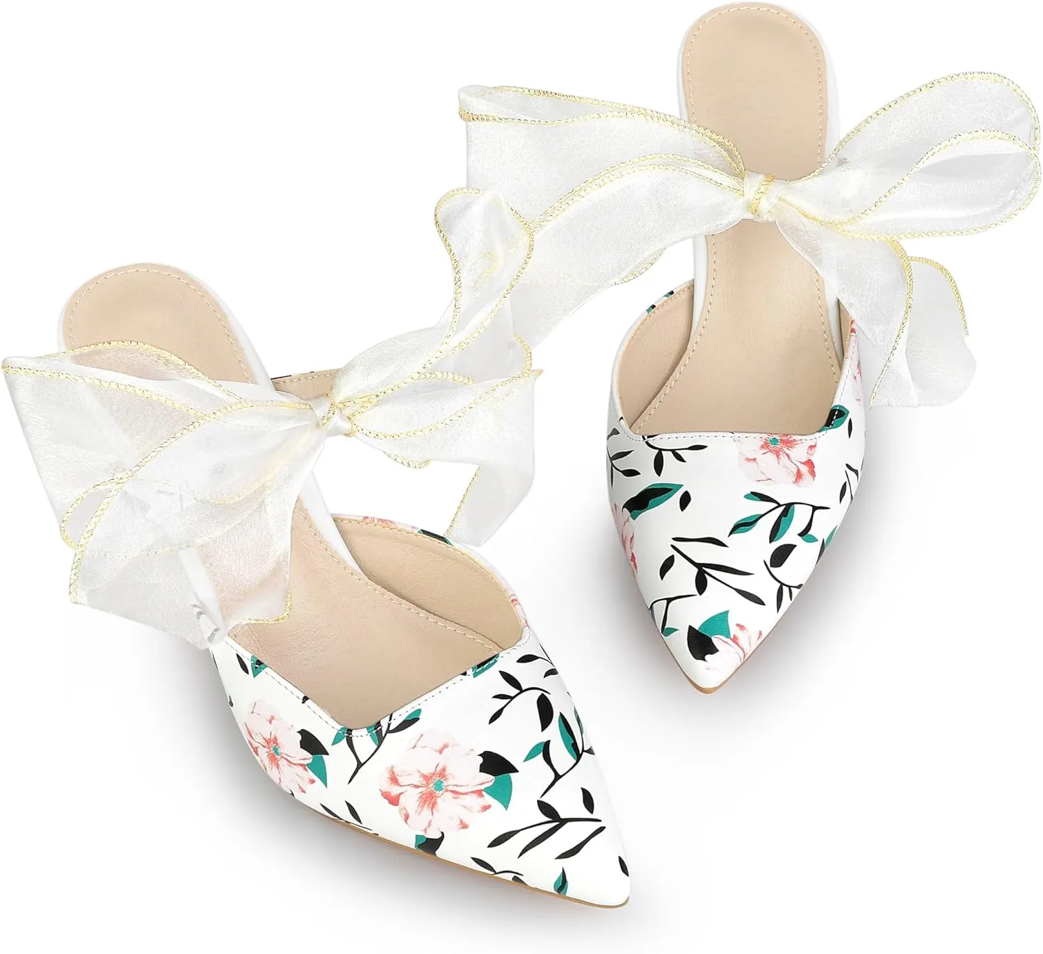 Allegra K Women's Pointed Toe Lace Bow Floral Printed Stiletto Heels Mules