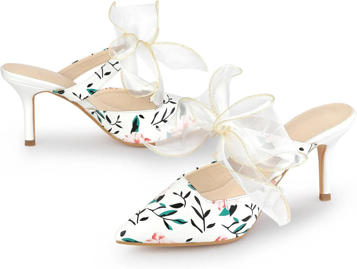 Allegra K Women's Pointed Toe Lace Bow Floral Printed Stiletto Heels Mules