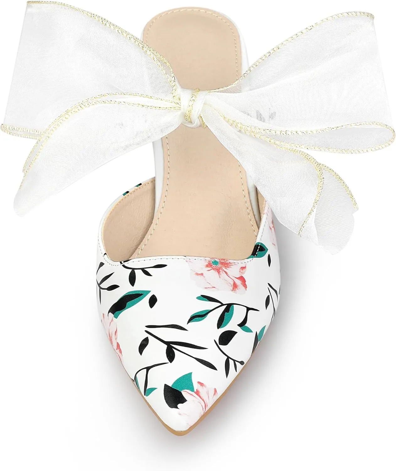 Allegra K Women's Pointed Toe Lace Bow Floral Printed Stiletto Heels Mules