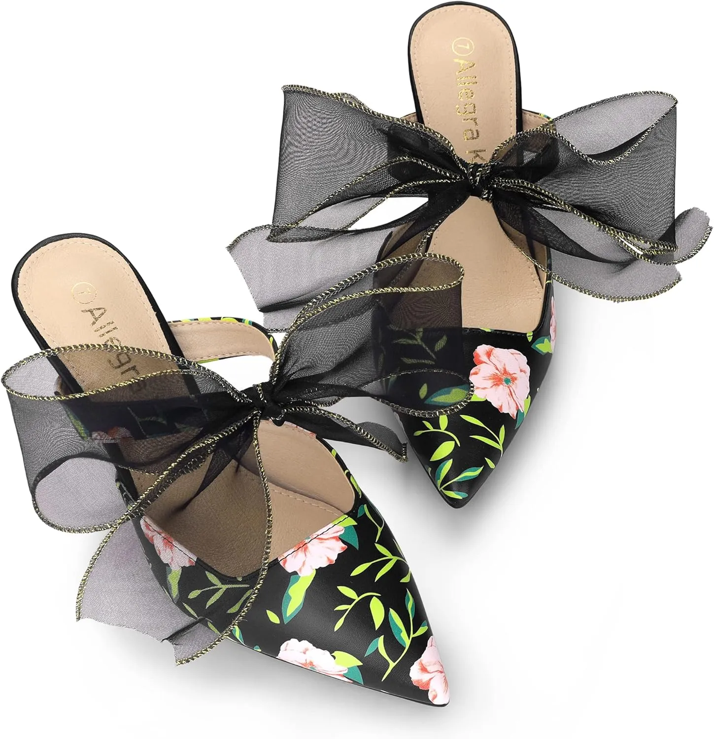 Allegra K Women's Pointed Toe Lace Bow Floral Printed Stiletto Heels Mules