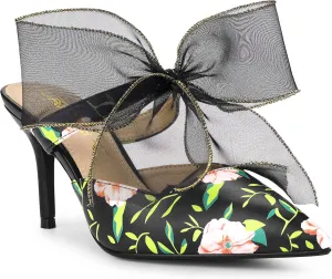 Allegra K Women's Pointed Toe Lace Bow Floral Printed Stiletto Heels Mules