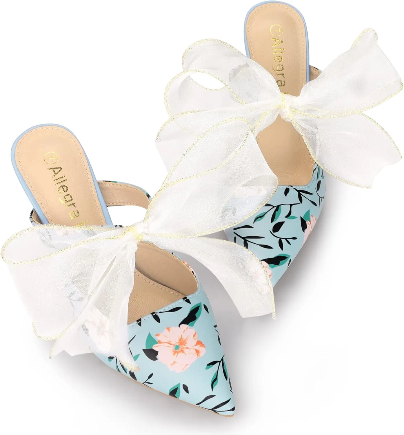 Allegra K Women's Pointed Toe Lace Bow Floral Printed Stiletto Heels Mules