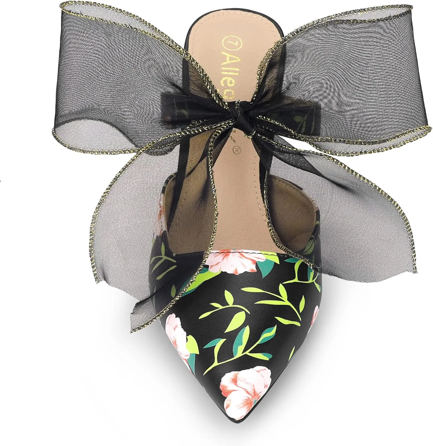 Allegra K Women's Pointed Toe Lace Bow Floral Printed Stiletto Heels Mules