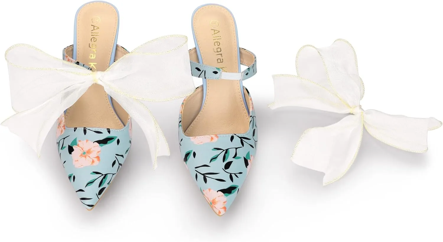 Allegra K Women's Pointed Toe Lace Bow Floral Printed Stiletto Heels Mules