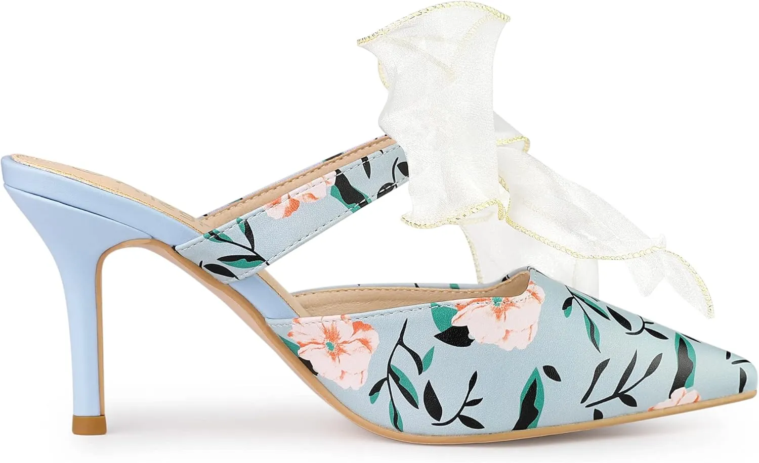 Allegra K Women's Pointed Toe Lace Bow Floral Printed Stiletto Heels Mules