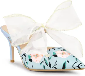 Allegra K Women's Pointed Toe Lace Bow Floral Printed Stiletto Heels Mules