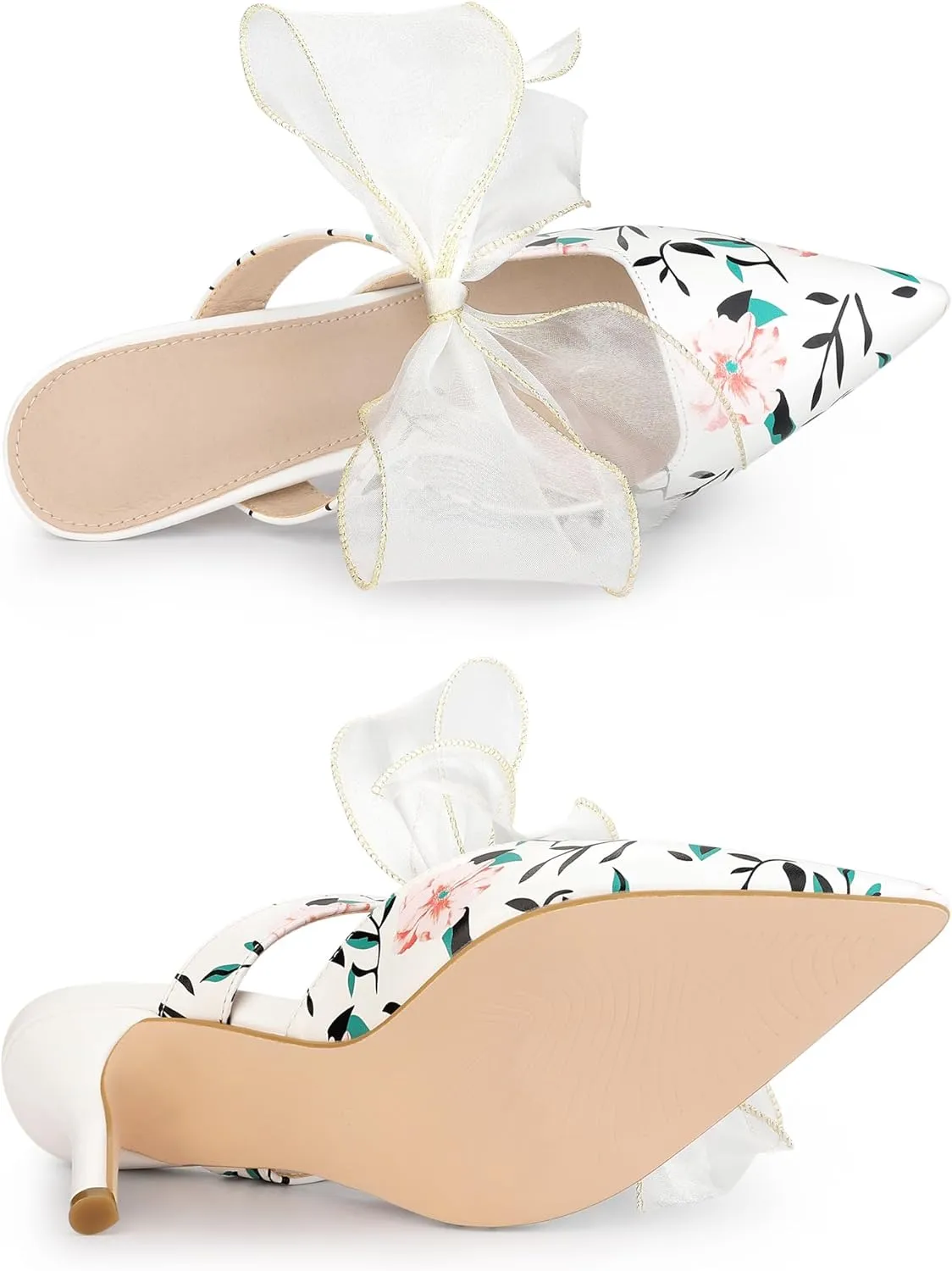 Allegra K Women's Pointed Toe Lace Bow Floral Printed Stiletto Heels Mules