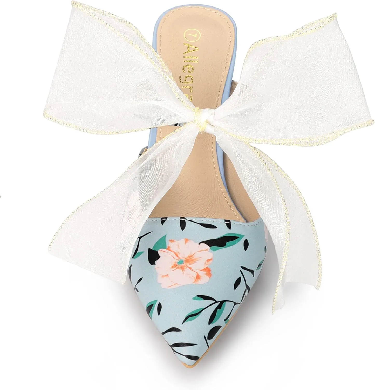 Allegra K Women's Pointed Toe Lace Bow Floral Printed Stiletto Heels Mules