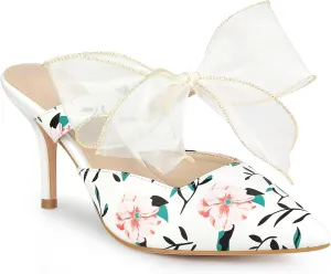 Allegra K Women's Pointed Toe Lace Bow Floral Printed Stiletto Heels Mules