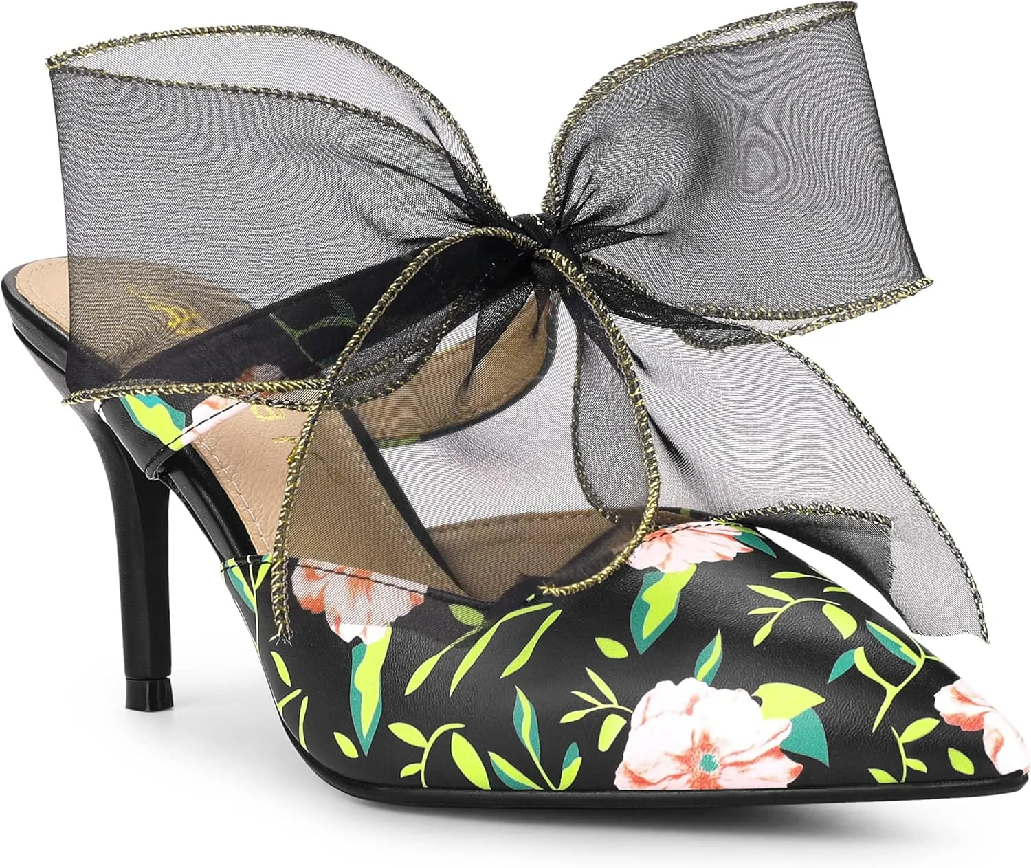 Allegra K Women's Pointed Toe Lace Bow Floral Printed Stiletto Heels Mules