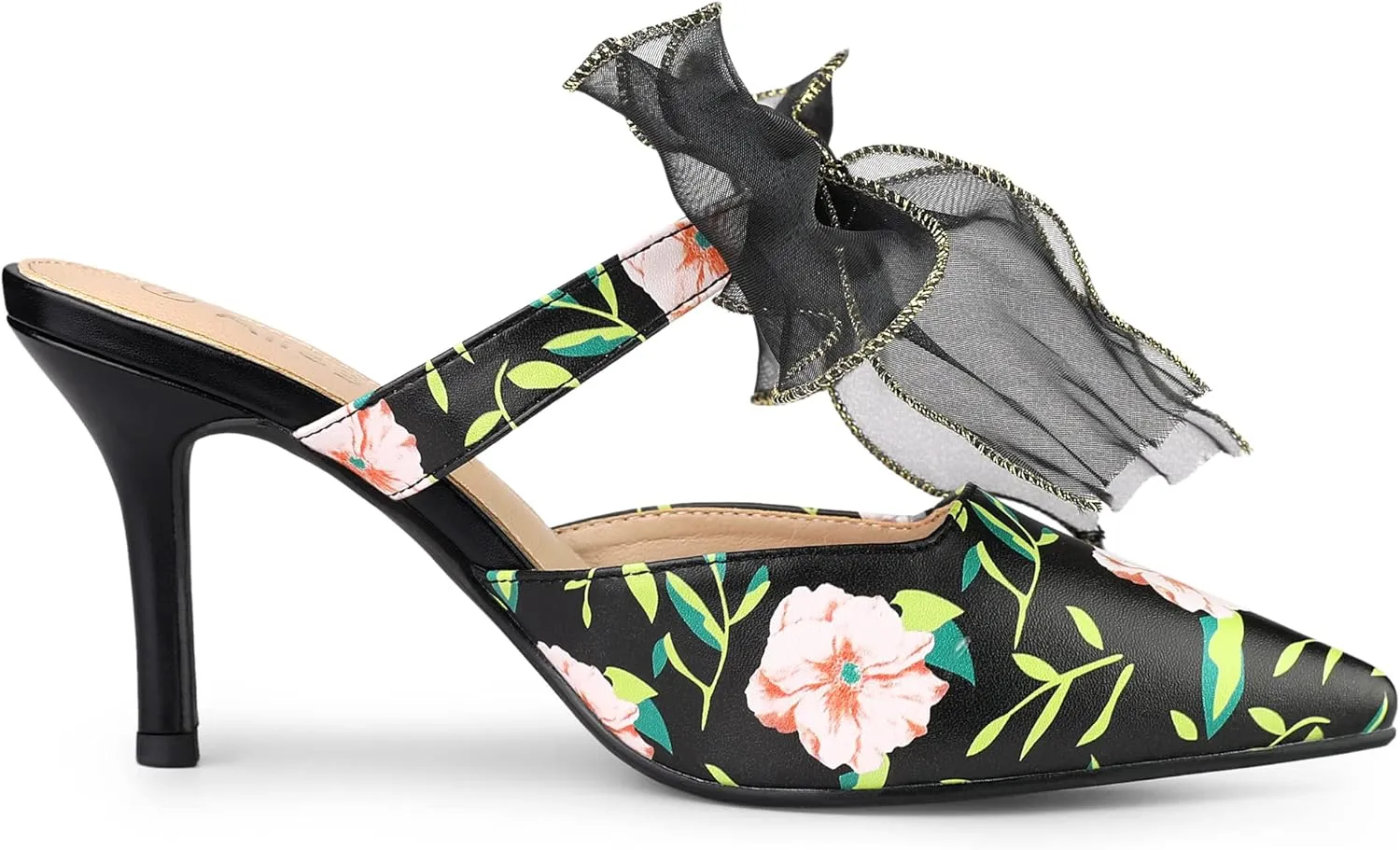 Allegra K Women's Pointed Toe Lace Bow Floral Printed Stiletto Heels Mules
