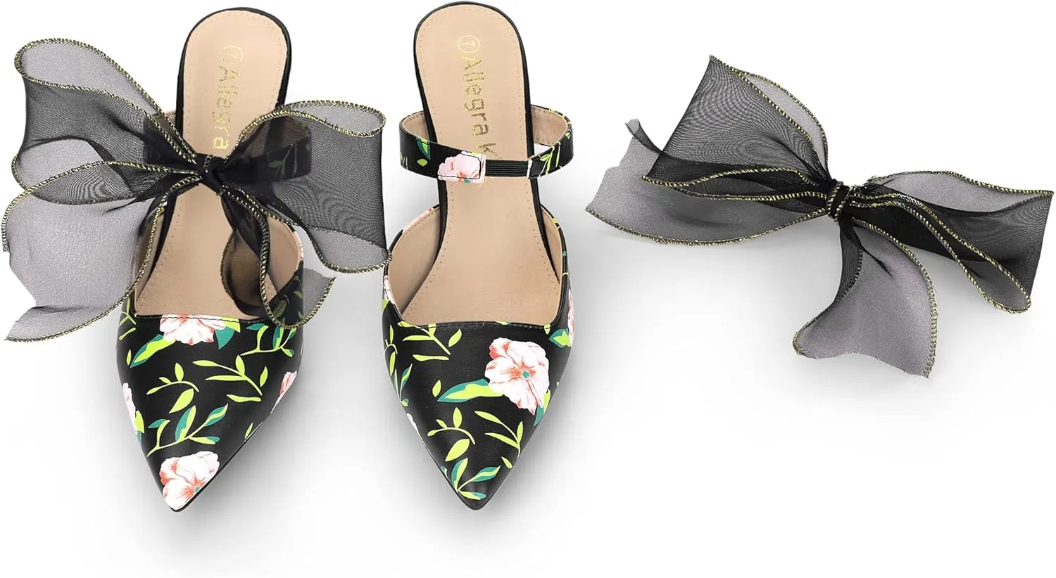 Allegra K Women's Pointed Toe Lace Bow Floral Printed Stiletto Heels Mules