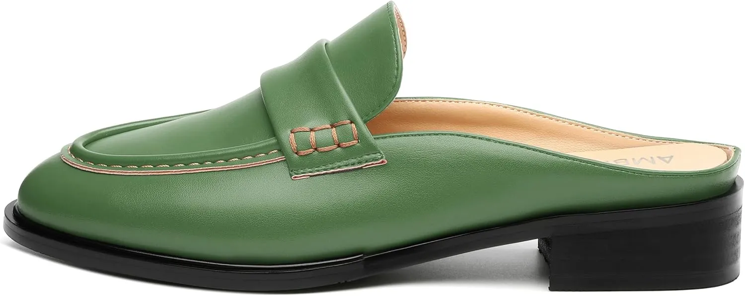 AMBELIGHT Comfortable Mules Flats for Women Loafers Chunky Heel Round Closed Toe Slip on Slingback Casual Classic Dressy Shoes