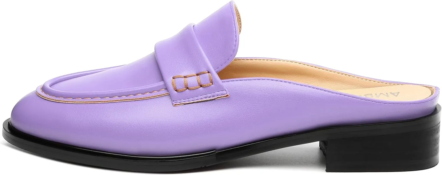 AMBELIGHT Comfortable Mules Flats for Women Loafers Chunky Heel Round Closed Toe Slip on Slingback Casual Classic Dressy Shoes