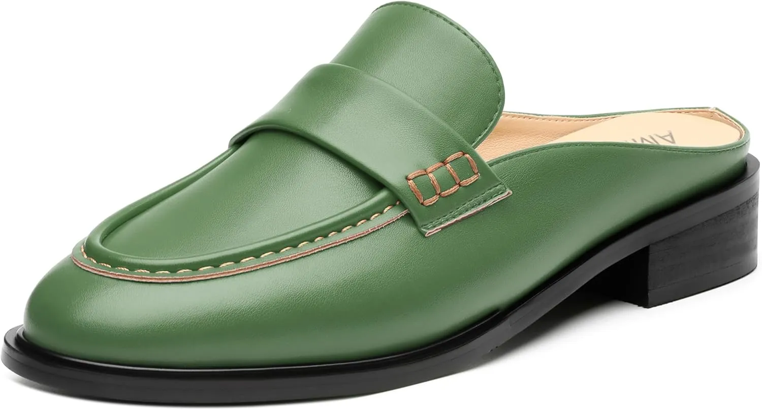 AMBELIGHT Comfortable Mules Flats for Women Loafers Chunky Heel Round Closed Toe Slip on Slingback Casual Classic Dressy Shoes