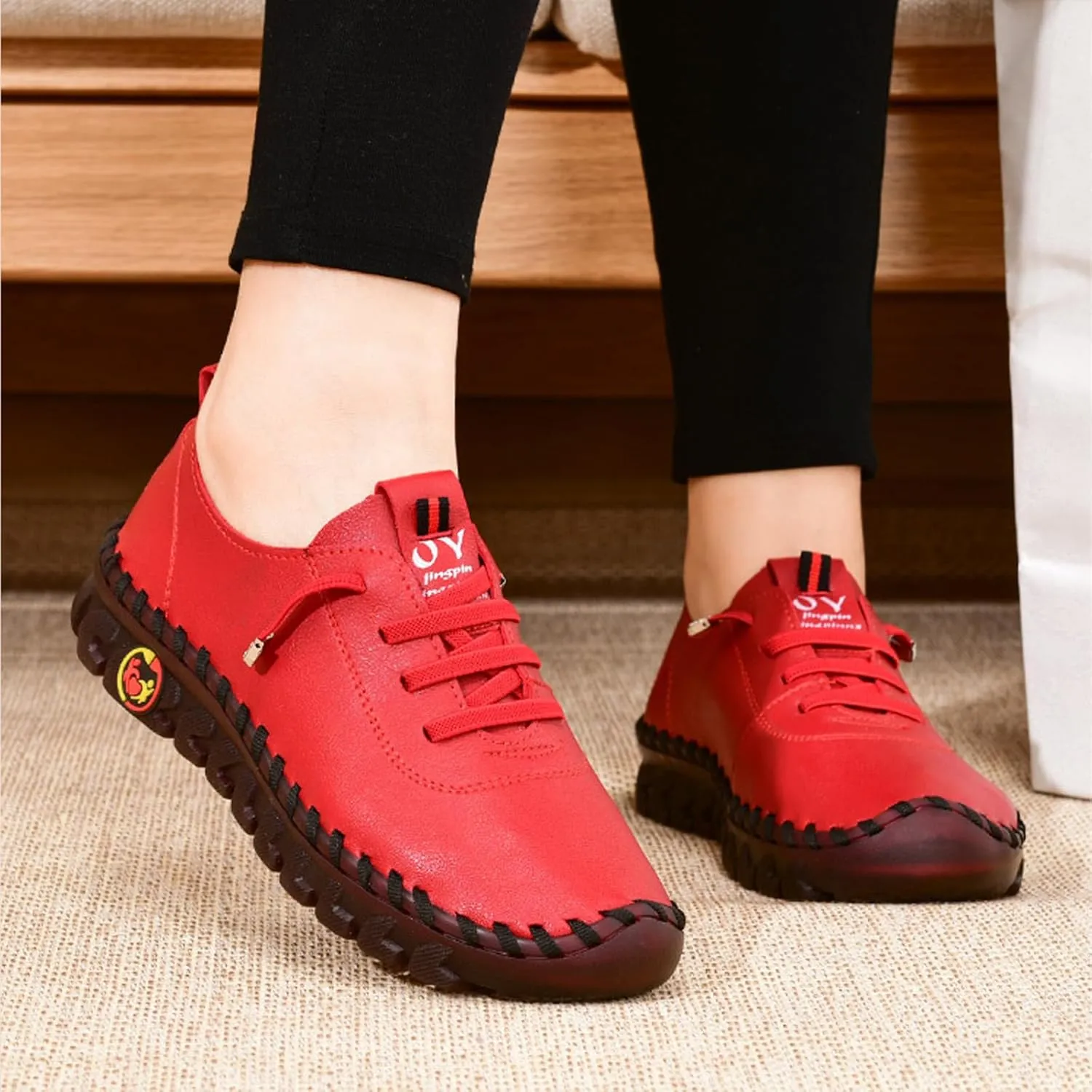 AngryMonkey Women Leather Round Toe Flat Loafers,Handmade Non-Slip Good Arch Support Breathable Soft Bottom Walking Shoes Mom Loafers