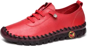 AngryMonkey Women Leather Round Toe Flat Loafers,Handmade Non-Slip Good Arch Support Breathable Soft Bottom Walking Shoes Mom Loafers