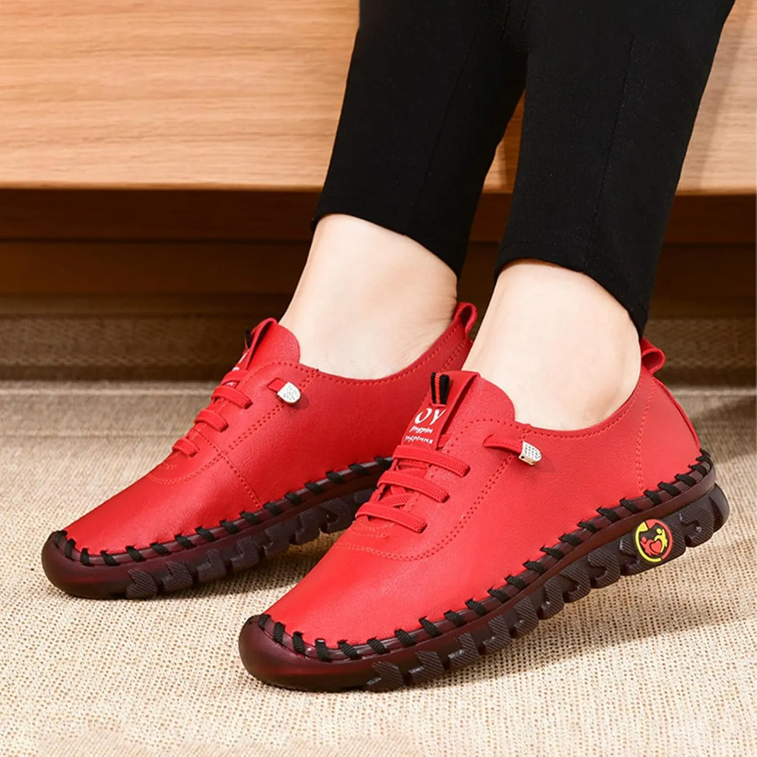 AngryMonkey Women Leather Round Toe Flat Loafers,Handmade Non-Slip Good Arch Support Breathable Soft Bottom Walking Shoes Mom Loafers