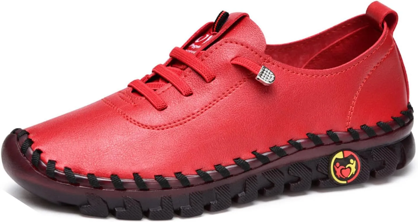 AngryMonkey Women Leather Round Toe Flat Loafers,Handmade Non-Slip Good Arch Support Breathable Soft Bottom Walking Shoes Mom Loafers