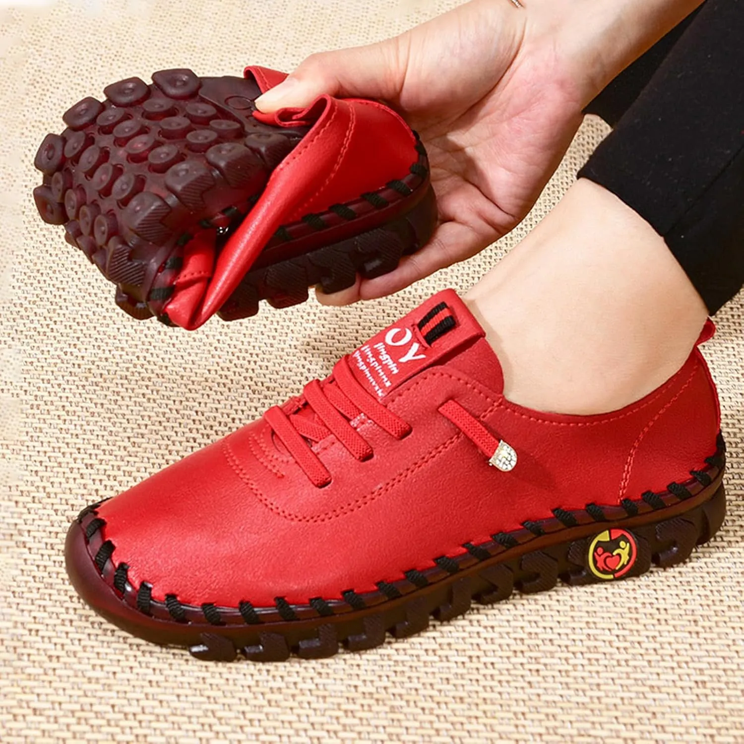AngryMonkey Women Leather Round Toe Flat Loafers,Handmade Non-Slip Good Arch Support Breathable Soft Bottom Walking Shoes Mom Loafers