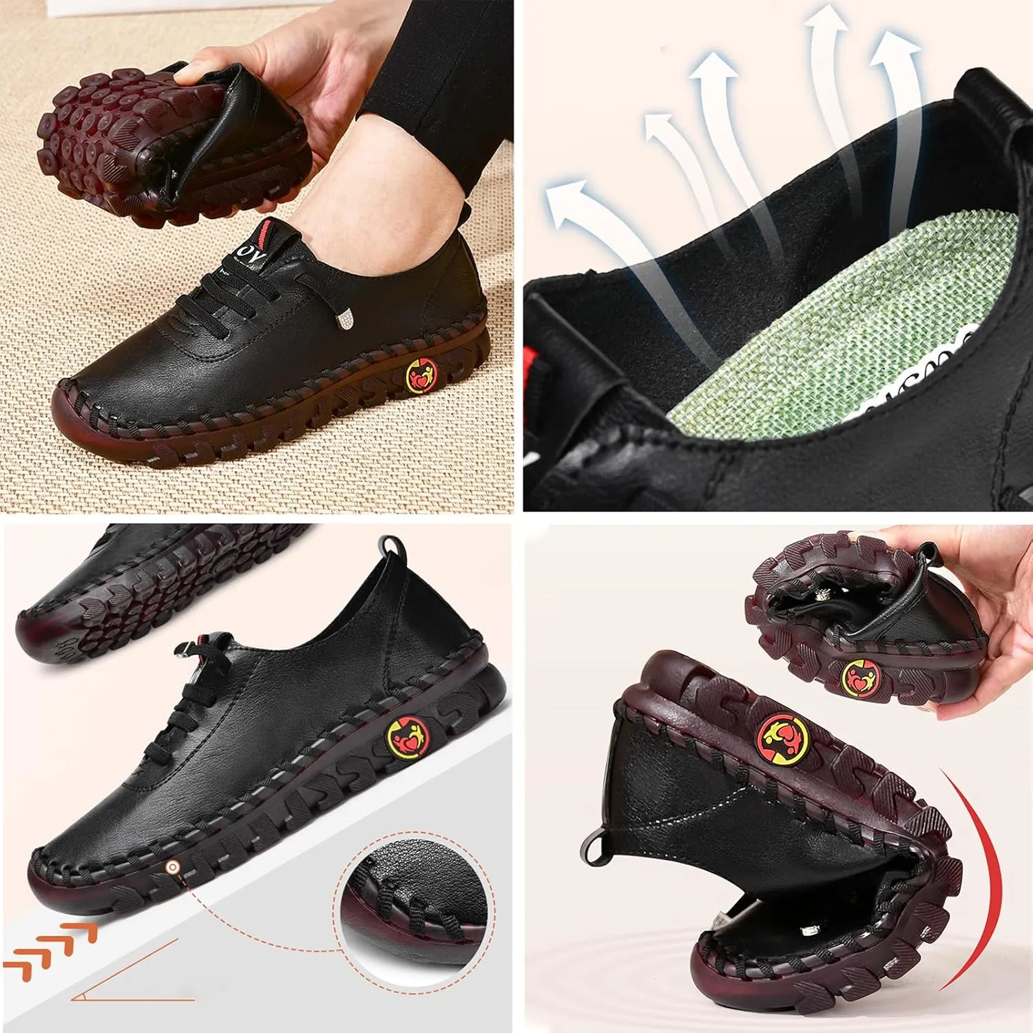 AngryMonkey Women Leather Round Toe Flat Loafers,Handmade Non-Slip Good Arch Support Breathable Soft Bottom Walking Shoes Mom Loafers