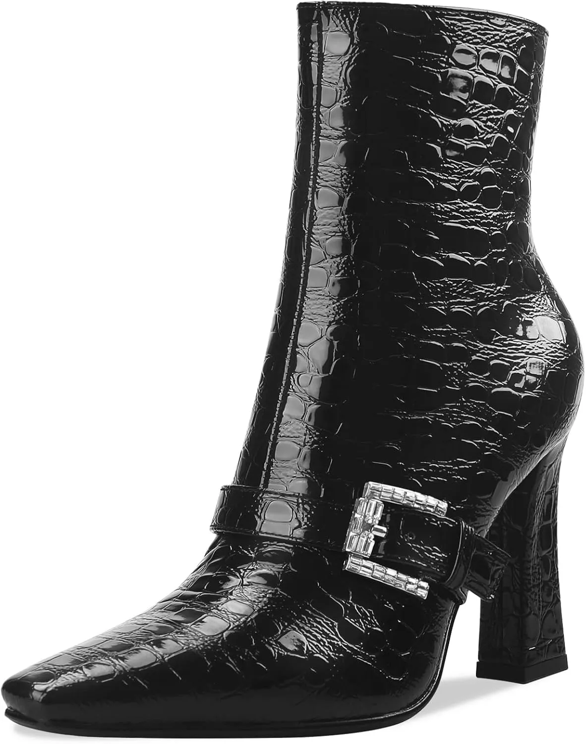 Ankle Boots Chunky High Heel Black Booties Closed Square Toe Short Boot with Side Zipper 4 Inches Heel Crocodile Pattern for Women Ladies Sexy