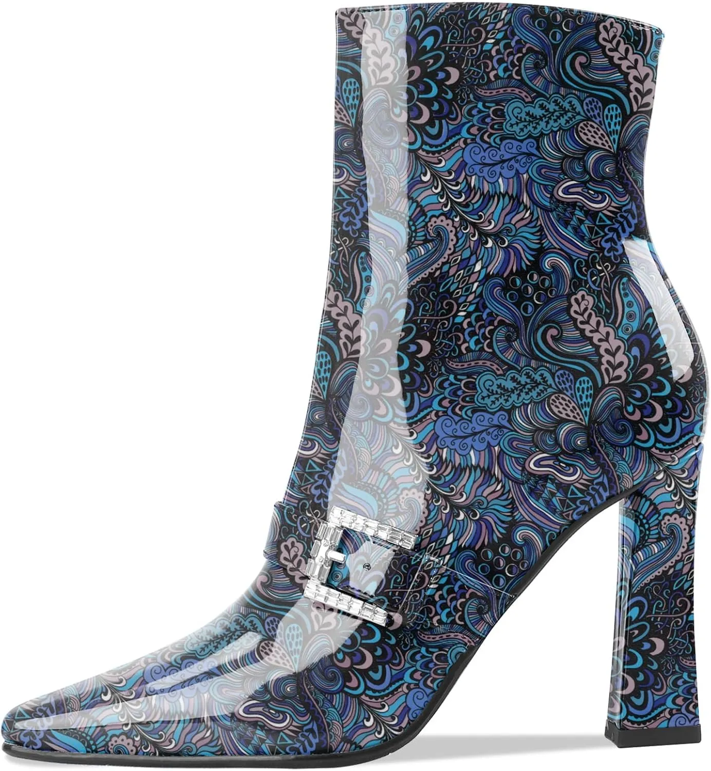 Ankle Boots Chunky High Heel Black Booties Closed Square Toe Short Boot with Side Zipper 4 Inches Heel Crocodile Pattern for Women Ladies Sexy