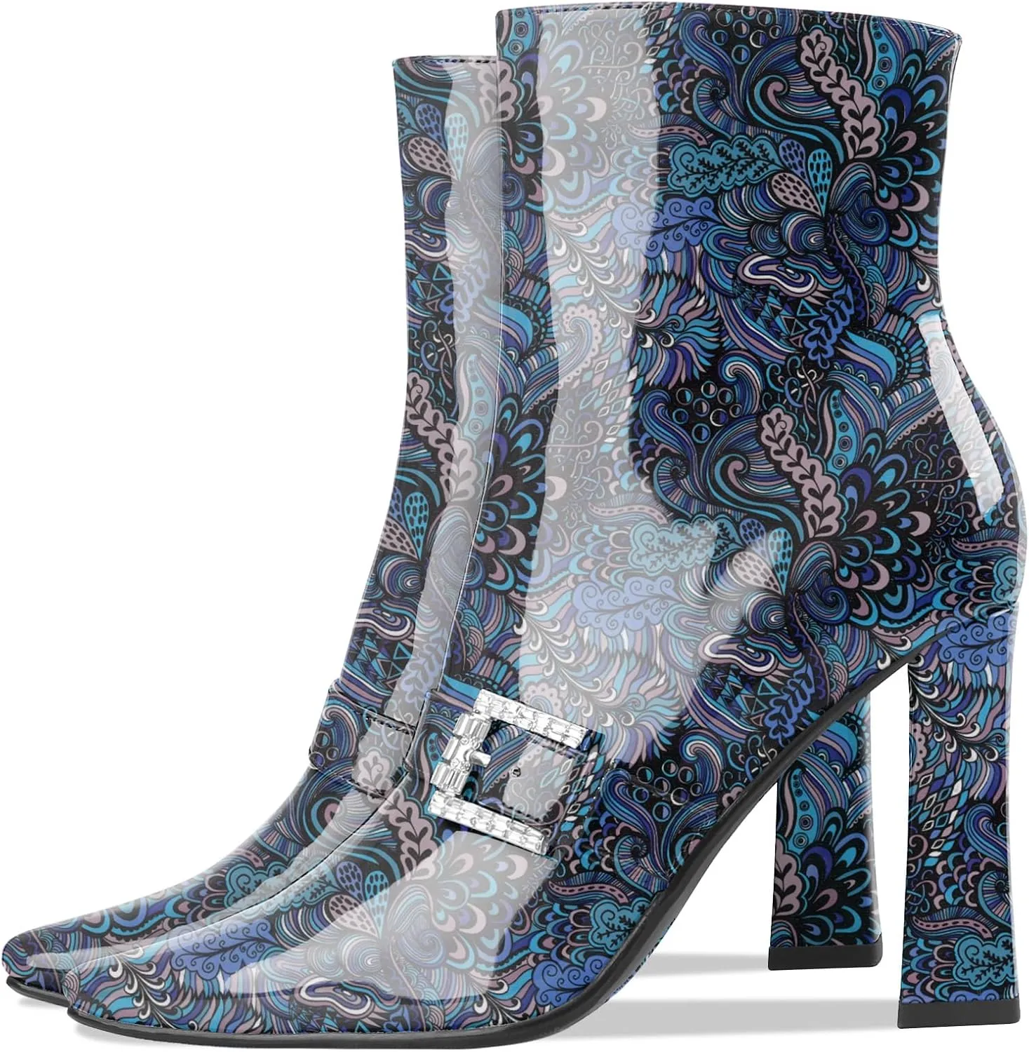 Ankle Boots Chunky High Heel Black Booties Closed Square Toe Short Boot with Side Zipper 4 Inches Heel Crocodile Pattern for Women Ladies Sexy