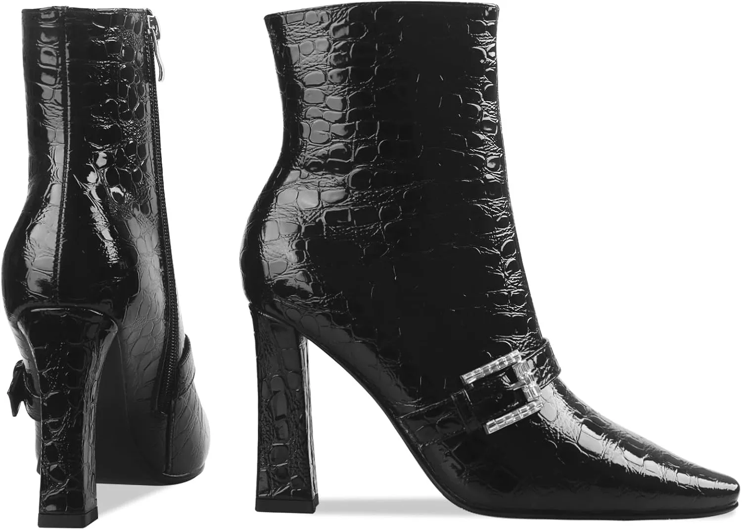 Ankle Boots Chunky High Heel Black Booties Closed Square Toe Short Boot with Side Zipper 4 Inches Heel Crocodile Pattern for Women Ladies Sexy