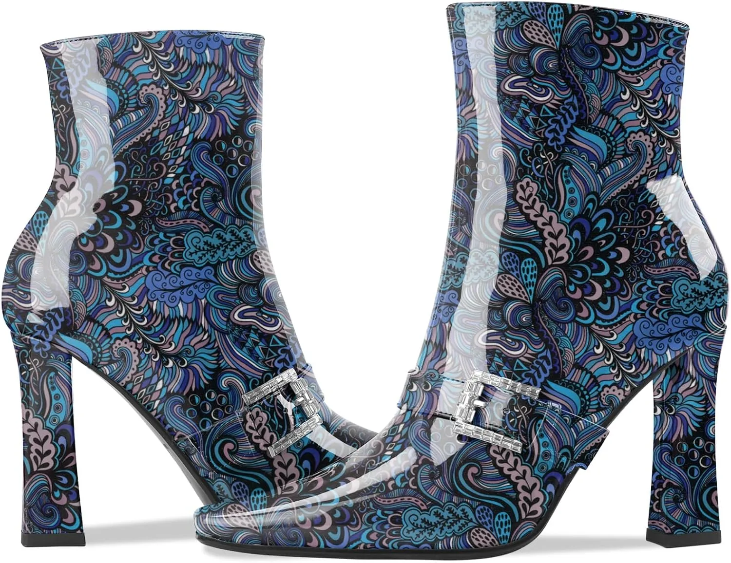 Ankle Boots Chunky High Heel Black Booties Closed Square Toe Short Boot with Side Zipper 4 Inches Heel Crocodile Pattern for Women Ladies Sexy