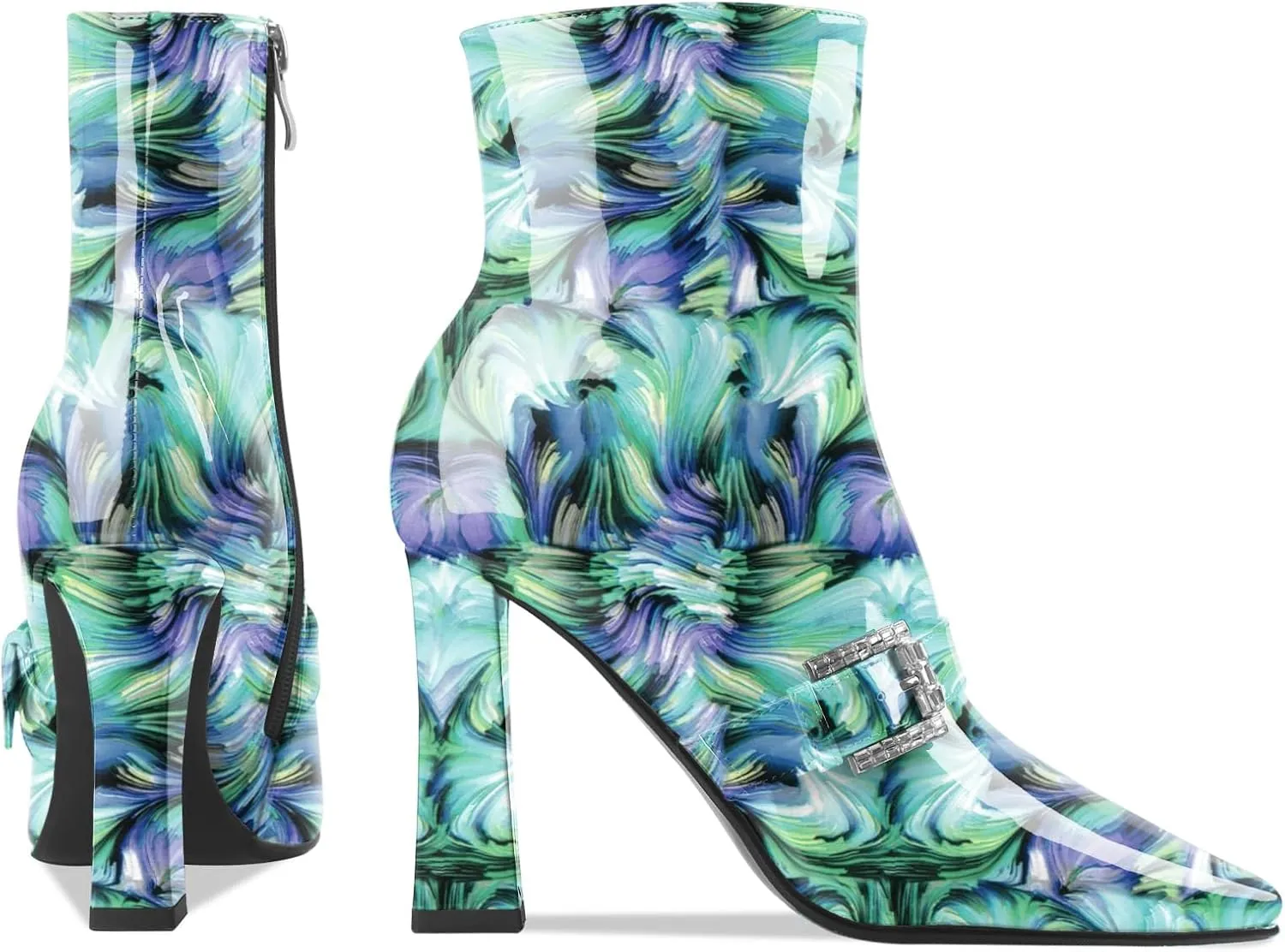 Ankle Boots Chunky High Heel Black Booties Closed Square Toe Short Boot with Side Zipper 4 Inches Heel Crocodile Pattern for Women Ladies Sexy