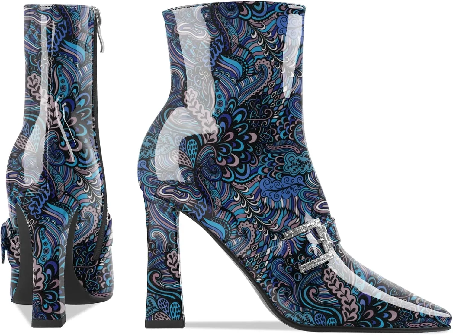 Ankle Boots Chunky High Heel Black Booties Closed Square Toe Short Boot with Side Zipper 4 Inches Heel Crocodile Pattern for Women Ladies Sexy