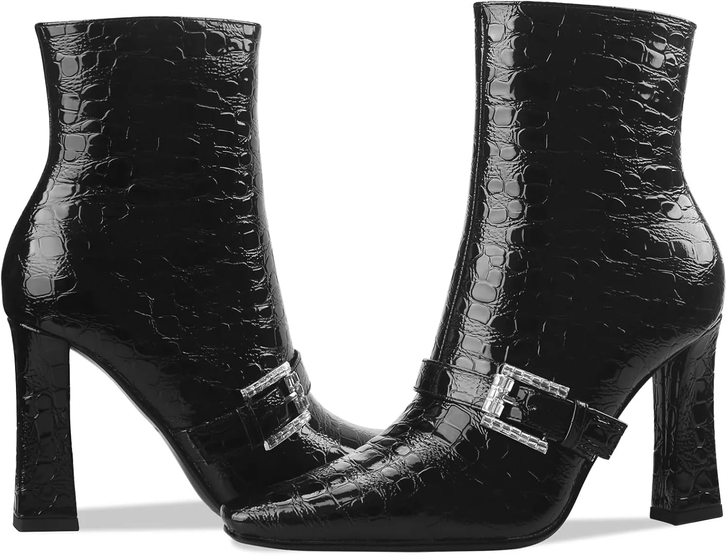 Ankle Boots Chunky High Heel Black Booties Closed Square Toe Short Boot with Side Zipper 4 Inches Heel Crocodile Pattern for Women Ladies Sexy